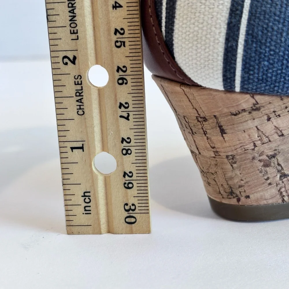 Kelly & Katie Women's Open Toe Low Wedge Cork Heel Blue White Stripe Fabric Shoe